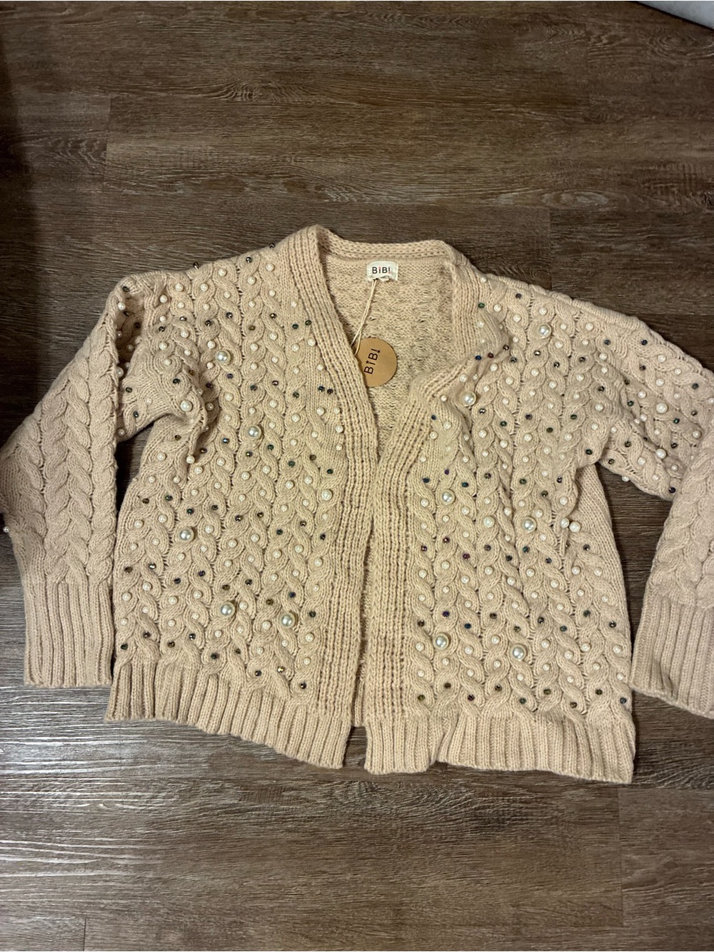 NWT BiBi Pearl Rhinestone Cable Knit Cardigan Womens XL Oatmeal Embellished